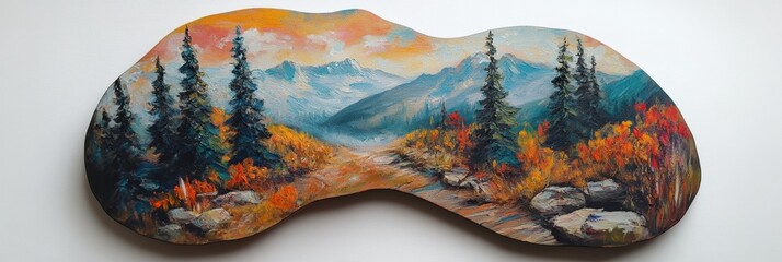 Obraz premium Creative art palette shaped like a hill with pines and sky tones showcasing a nature-inspired painting in vibrant colors