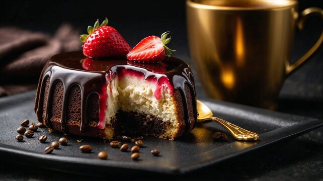 cheesecake cremoso de chocolate y fresas, con una taza de caf&eacute; dorada estilo industrial y una cucharilla para postres dorada. estilo elegante, luz tenue.