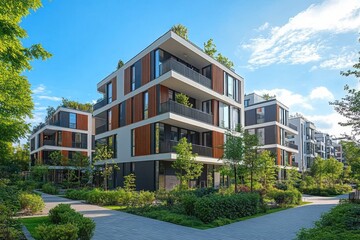 Modern Apartment Buildings in Lush Green Landscape with Clear Blue Sky