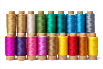 Colorful array of sewing thread spools displayed on a white background for creative textile projects
