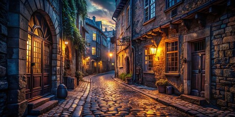 Dark Old Town Alleyway - Low Light Night Photography Stock Photo