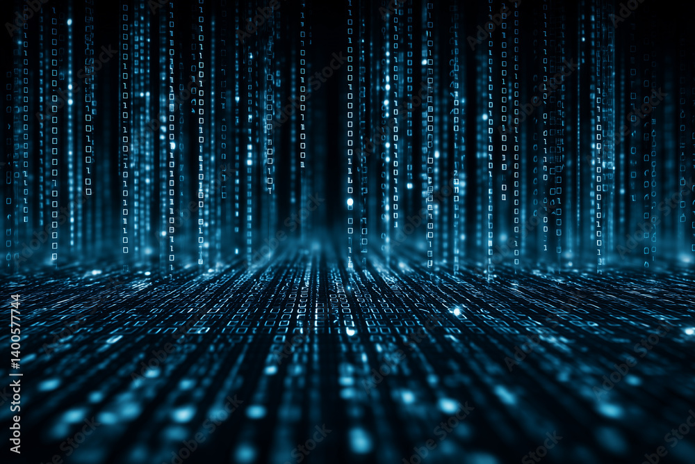 Poster digital environment filled with cascading binary code illuminated in blue light during nighttime
