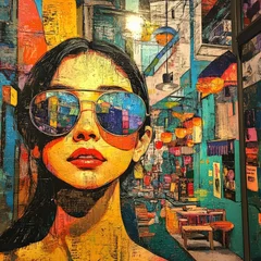 Tableau sur verre  Urban Portrait with Vibrant Colors and Reflective Sunglasses  © tanawatbig