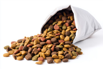 Dog food spilling from a bag on a white surface during a bright indoor setting