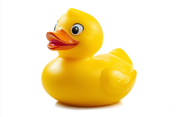 Bright yellow rubber duck floating in a bathtub filled with bubbles during a relaxing evening