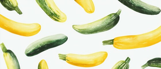 A painting of many different types of vegetables, including zucchini