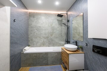 interior apartment room bathroom, sink, decorative elements, toilet