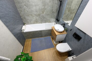 interior apartment room bathroom, sink, decorative elements, toilet