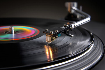 Vintage vinyl record player spinning classic album in a cozy indoor setting