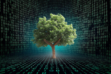 Symbolic tree growing amidst digital binary code representing technology and nature's coexistence