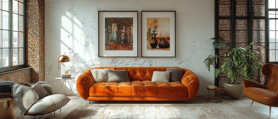 Interior view of a living room with an orange sofa and artwork.