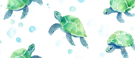 A series of green turtles are swimming in the ocean