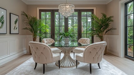 Elegant Dining Room with Glass Table and French Doors