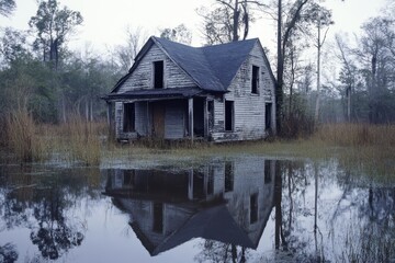 Fototapeta premium Abandoned house in flooded marsh (1)