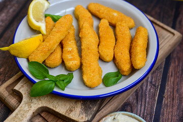  Crispy home made  deep fried   chicken strips . Breaded  with cornflakes chicken  breast fillets  with chilly peppers and fresh   basil on wooden rustic background