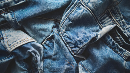 Naklejka premium Close-up of blue denim fabric, showcasing texture and intricate stitching details on crumpled jeans.