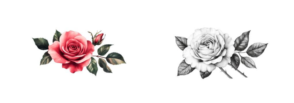 Elegant roses in color and black white on clear background
