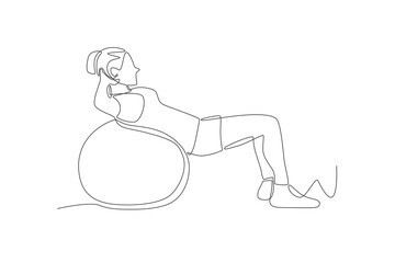 Woman doing pilates using exercise balloon. Pilates concept one-line drawing