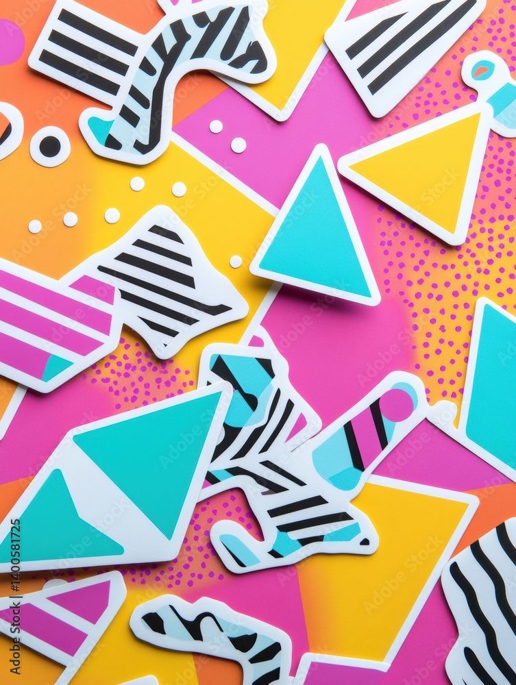 Aufkleber colorful memphis style abstract sticker shapes featuring zigzags, squiggles, dots, and triangles on 