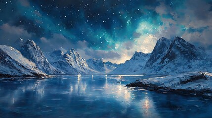 Hyper-realistic oil painting of the Lofoten Islands under the aurora borealis, shimmering lights cascading above rugged cliffs, the icy blue fjord mirroring the celestial display,