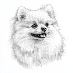 Obraz premium Realistic Ink Drawing of Fluffy Pomeranian Dog with Bow on White Background