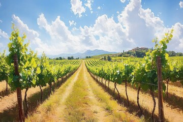 Naklejka premium Tuscany Vineyard Landscape with Grape Vines and Winery Along Chianti Wine Road in Summer Sun