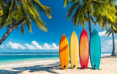 Colorful Surfboards Leaning Against Palm Trees on a Sunny Beach 
