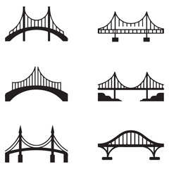 Set of different bridges. Isolated on white background. and white. Vector Black silhouettes. illustration.