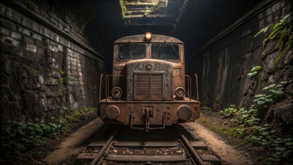 Fototapeta premium Abandoned Coal Locomotive in a Dark Mining Tunnel