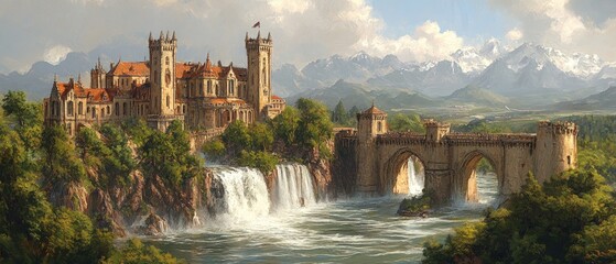 Castle sits atop hill with waterfall and bridge in a mountainous landscape.