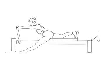 Woman doing pilates using pilates reformer. Pilates concept one-line drawing