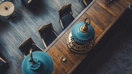 Fototapeta premium Aerial view of a stylish caf? interior featuring wooden tables, elegant lamps, and seating