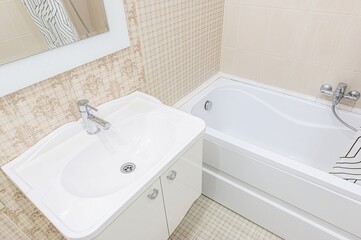 interior apartment room bathroom, sink, decorative elements, toilet