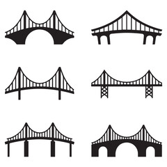Set of different bridges. Isolated on white background. and white. Vector Black silhouettes. illustration.