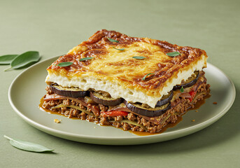 Golden Brown Moussaka Greek Dish with Eggplant and Meat on Green Plate
