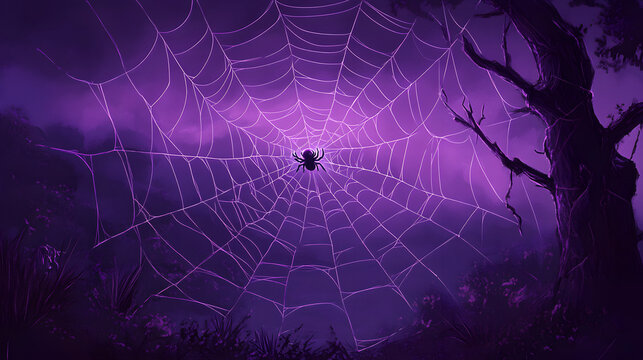 A hauntingly beautiful purple spider web illuminated by soft light, featuring a lone spider at its center, evoking mystery.