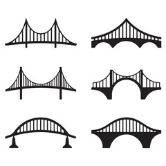 Set of different bridges. Isolated on white background. and white. Vector Black silhouettes. illustration.
