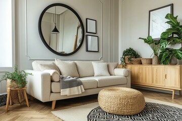 Modern Living Room. Beige Couch,  Round Rattan Ottoman