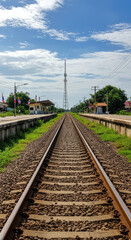 Railway Serenity: Thailand Tracks, Tower, and Tranquil Skies. Explore the beauty of travel and vanishing point.