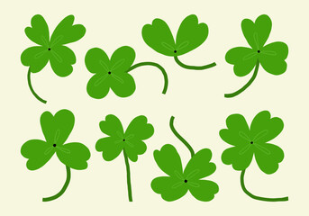 Hand Drawn Clover Leaf Collection. A collection of 8 hand drawn clover leaves including two three and four leaf variations perfect for lucky charms nature themes and St Patrick designs
