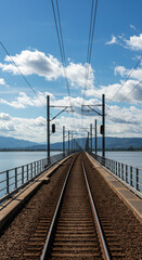 Fototapeta premium Train Tracks over Water: A Journey into the Distance - Scenic Railway Bridge, Blue Sky, and Still Waters Await!
