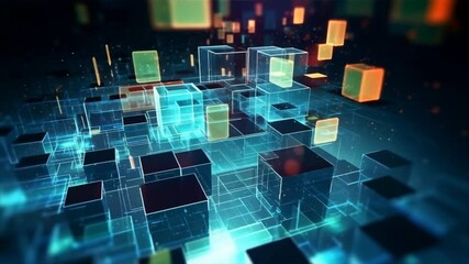 Futuristic digital landscape featuring glowing cubes and abstract connections representing innovation and technology.