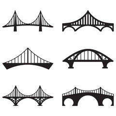 Set of different bridges. Isolated on white background. and white. Vector Black silhouettes. illustration.
