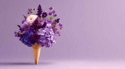 Whimsical bouquet of purple hydrangeas and lavender arranged in a waffle cone sits on a light purple background with soft lighting for a playful yet elegant look.  