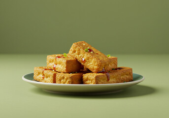 Golden Fried Tofu Blocks on Green Plate