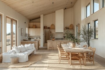 Bright interior view of a modern home with kitchen dining and living area.