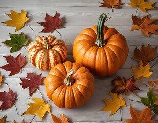 Fall background with orange pumpkins and fall leaves on a light surface with place for copy generated by ai