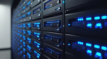 Close-up view of modern server racks glowing with blue lights, ideal for IT infrastructure visuals, cloud technology themes, and data center promotional content