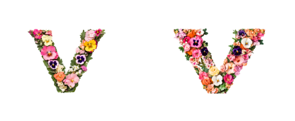 Floral letter V design with colorful blossoms for decoration