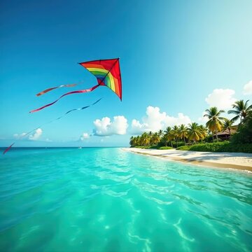 Vibrant kite soaring above turquoise Palm Beach waters , kite surfing, bright, sun
